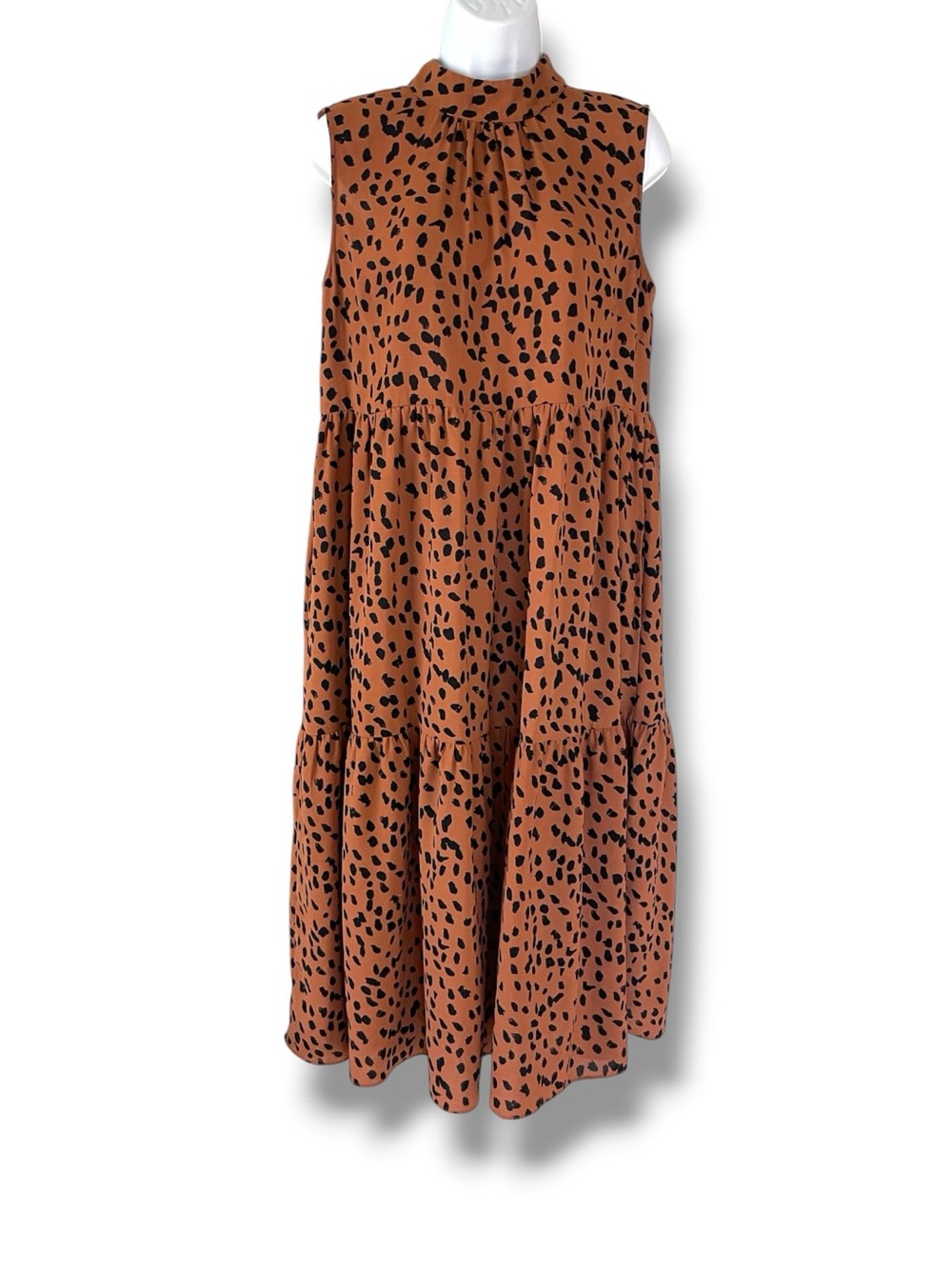 Calista Leopard Print Dress Bow Tie Neck Sleeveless Tiered Quiet Luxury Y2K - Picture 8 of 9